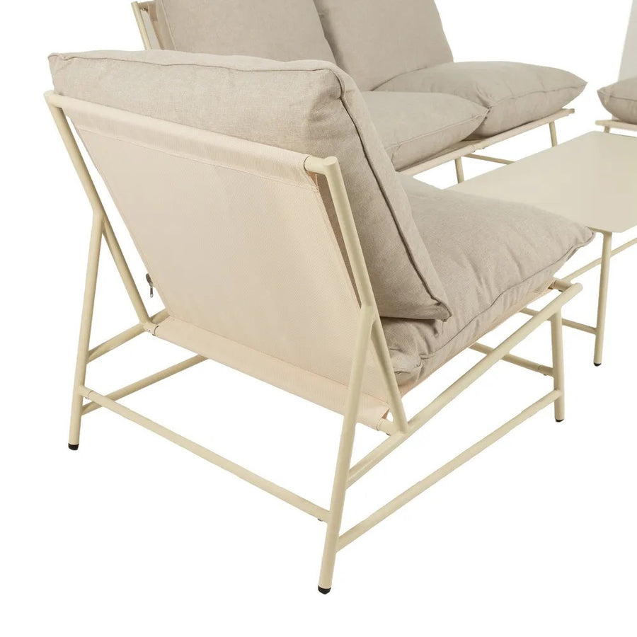Bézs kültéri fotel hátsó nézetből, erős acélvázzal és textil háttámlával.