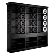 Nyírfából készült, matt fekete színű, háromosztatú, óriás méretű, kortárs fiókos könyvespolc.