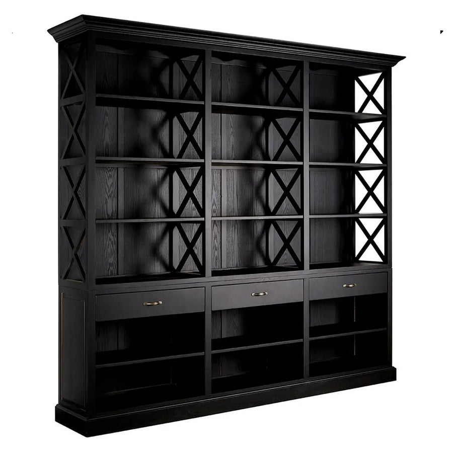 Nyírfából készült, matt fekete színű, háromosztatú, óriás méretű, kortárs fiókos könyvespolc.