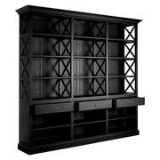 Nyírfából készült, matt fekete színű, háromosztatú, óriás méretű, kortárs fiókos könyvespolc.