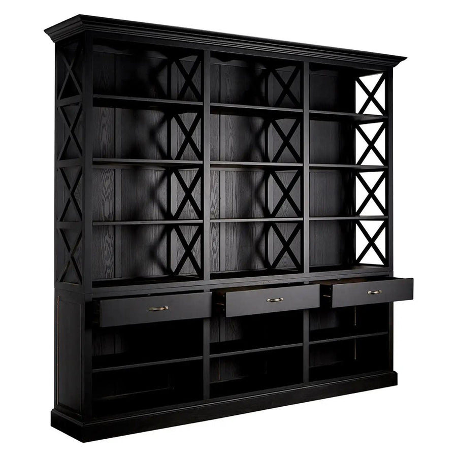 Nyírfából készült, matt fekete színű, háromosztatú, óriás méretű, kortárs fiókos könyvespolc.