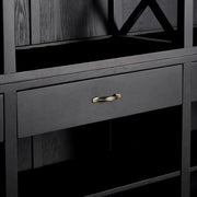 Nyírfából készült, matt fekete színű, háromosztatú, óriás méretű, kortárs fiókos könyvespolc.