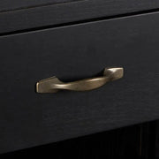 Nyírfából készült, matt fekete színű, háromosztatú, óriás méretű, kortárs fiókos könyvespolc.