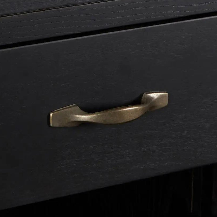 Nyírfából készült, matt fekete színű, háromosztatú, óriás méretű, kortárs fiókos könyvespolc.