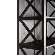 Nyírfából készült, matt fekete színű, háromosztatú, óriás méretű, kortárs fiókos könyvespolc.