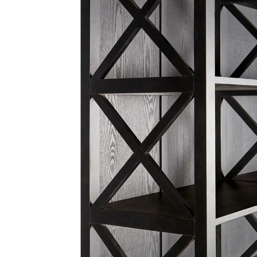 Nyírfából készült, matt fekete színű, háromosztatú, óriás méretű, kortárs fiókos könyvespolc.