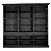 Nyírfából készült, matt fekete színű, háromosztatú, óriás méretű, kortárs fiókos könyvespolc.