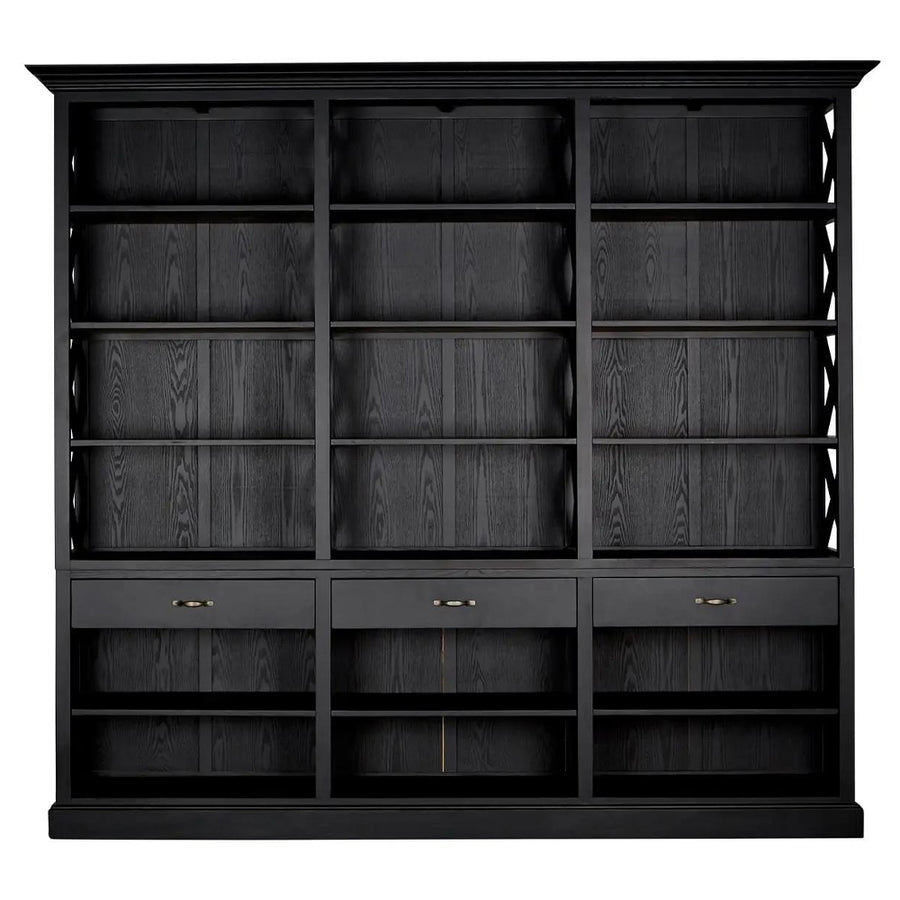 Nyírfából készült, matt fekete színű, háromosztatú, óriás méretű, kortárs fiókos könyvespolc.