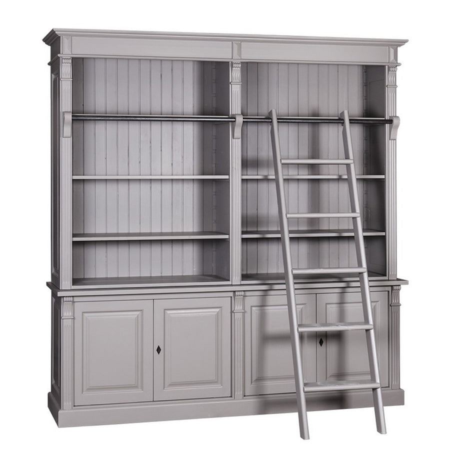 Szürke színű klasszikus könyvszekrény létrával, elegáns részletekkel.