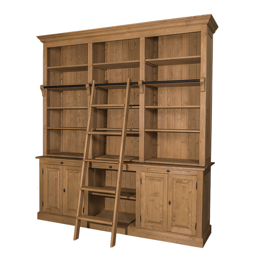 Natúr fenyő színű háromszekciós könyvszekrény létrával, klasszikus kivitelben.