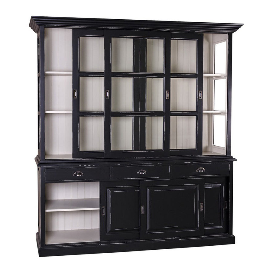 Fekete-fehér kombinációjú MAISON vitrines tálalószekrény nyitott oldalsó polcokkal és fiókos alsó résszel.