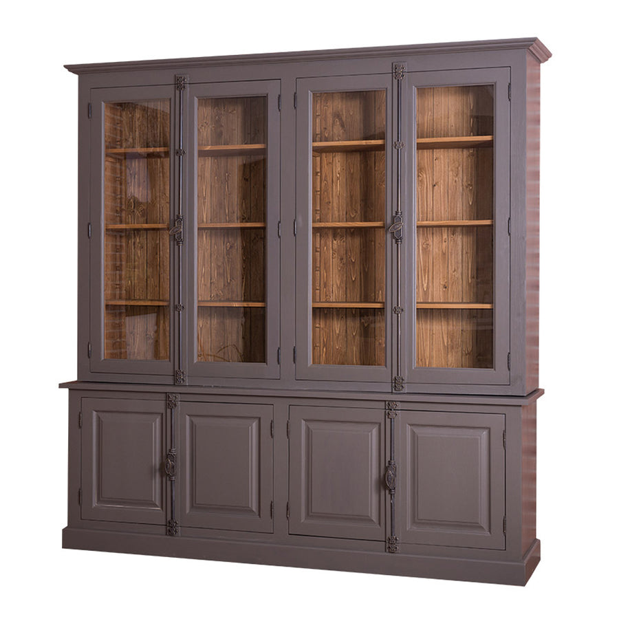 Sötétbarna MAISON könyvszekrény fenyő háttérrel és üvegezett négyajtós felső tárolóval.