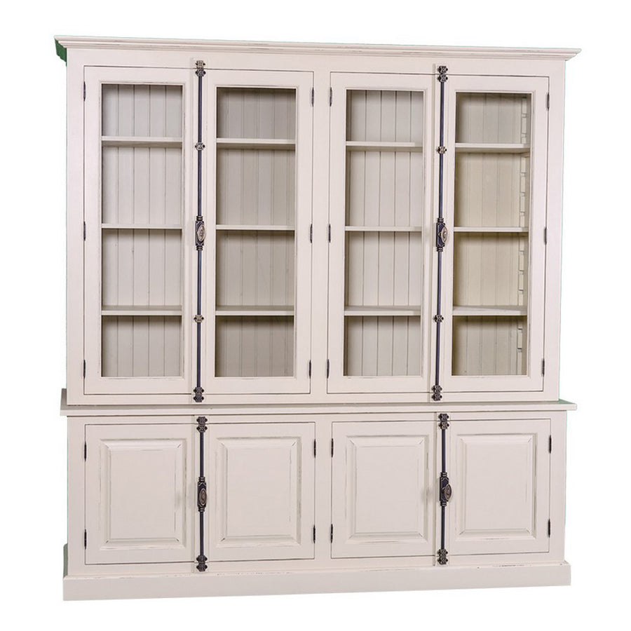 Világos bézs MAISON könyvszekrény szürke hátlappal, díszes fém fogantyúkkal és klasszikus kazettás ajtófronttal.