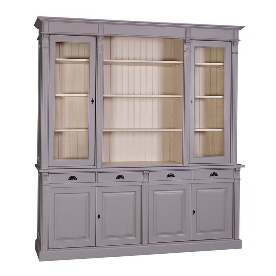 Szürke MAISON könyvszekrény világos belsővel és klasszikus oszlopos díszítéssel.