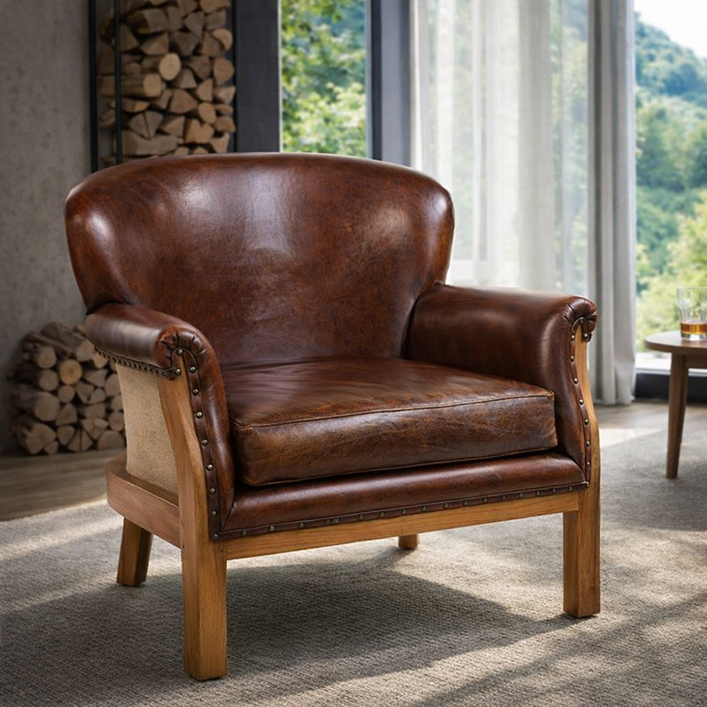 Manchester dohánybarna bőrfotel nappali környezetben klasszikus stílusban