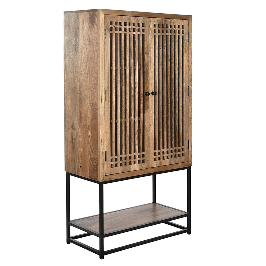 Mangófából és vasból készült, 2 ajtós tároló szekrény.