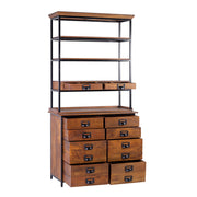 Mangófából és vasból készült kézműves fiókos könyvespolc.