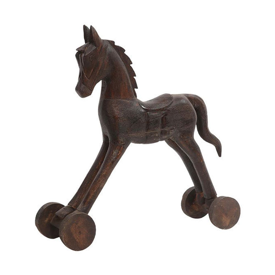 Mangófából faragott, barna színű ló figura.