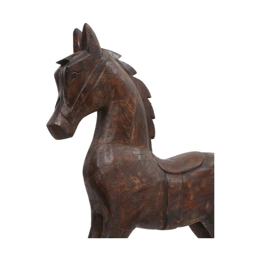 Mangófából faragott, barna színű ló figura.