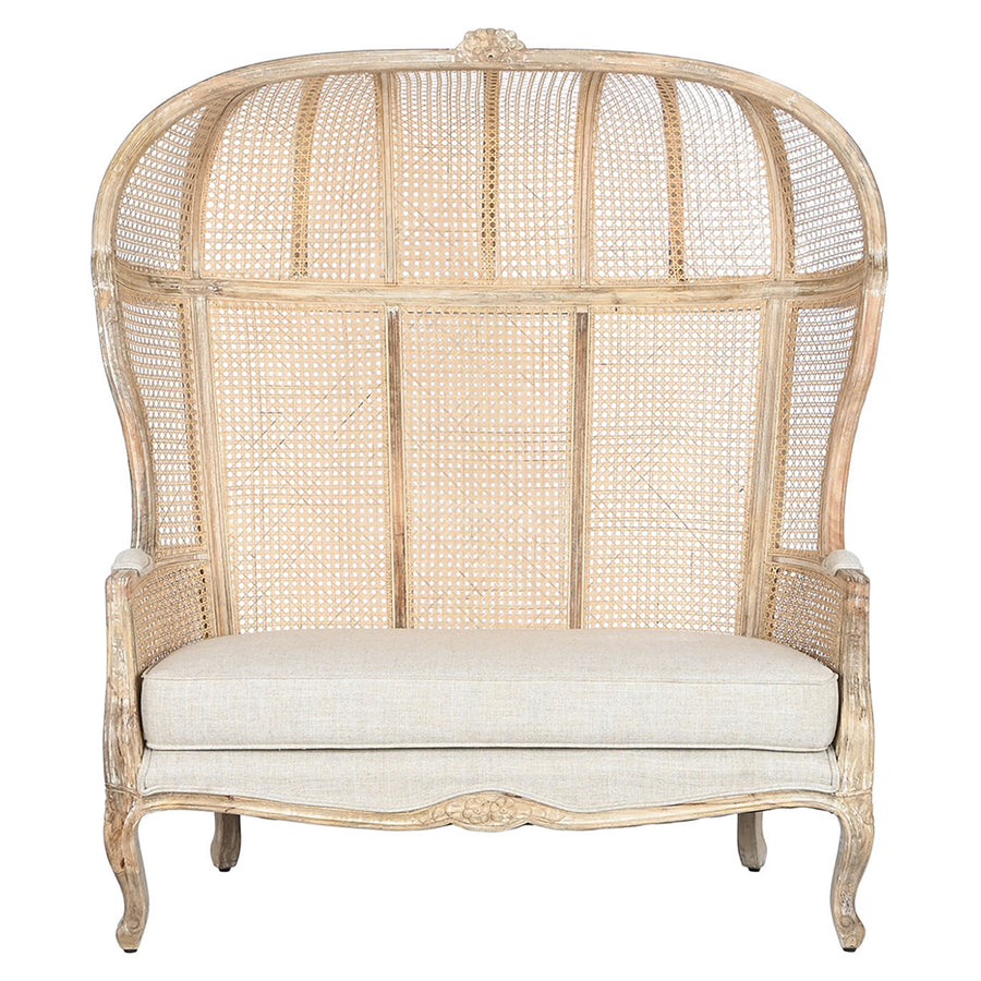 Koloniál stílusú, antikolt faragott mangófából készült, natúr színű, rattan betétes hintó szófa.