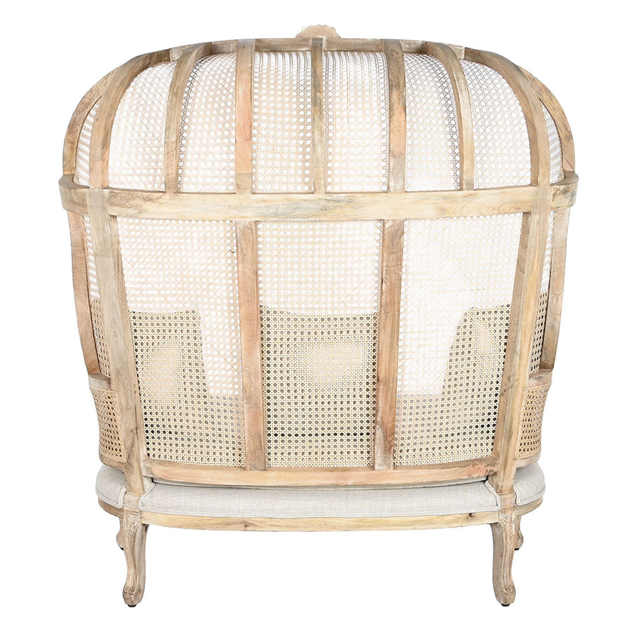 Koloniál stílusú, antikolt faragott mangófából készült, natúr színű, rattan betétes hintó szófa.