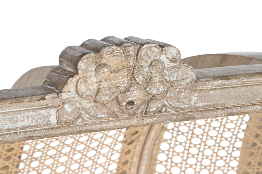 Koloniál stílusú, antikolt faragott mangófából készült, natúr színű, rattan betétes hintó szófa.