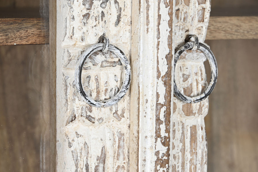 Faragott mangófa tálalószekrény 193 cm antik fehér "Amar"