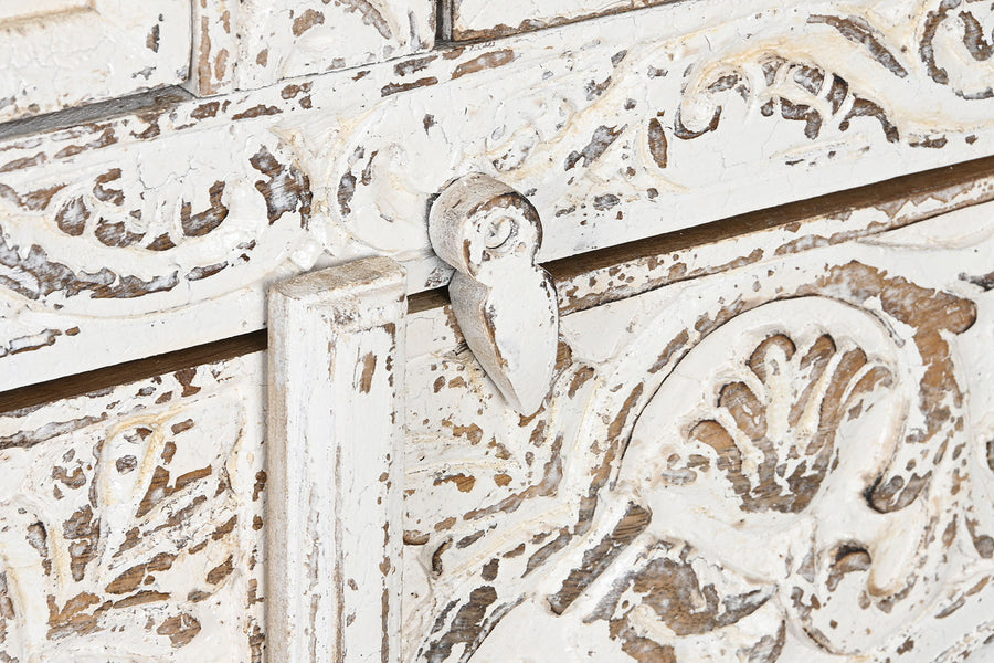 Faragott mangófa tálalószekrény 193 cm antik fehér "Amar"