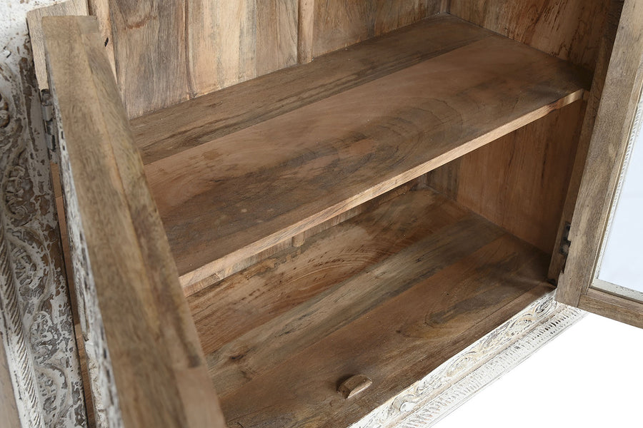 Faragott mangófa tálalószekrény 193 cm antik fehér "Amar"