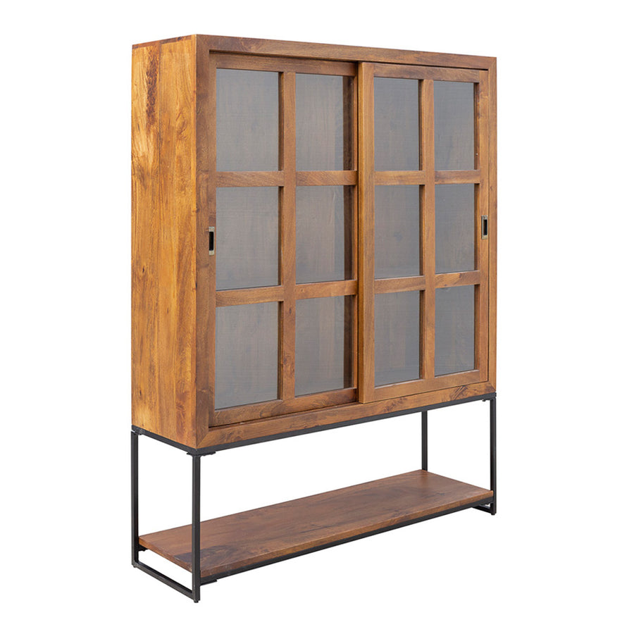 Mangófából és vasból készült kézműves vitrinszekrény.