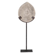 Fém talapzaton álló, antik szürkésbarna színű, kézműves mangófa dísz.