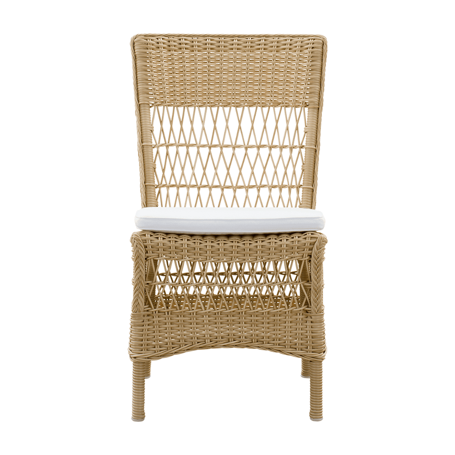 Vintage stílusú, natúr színű, műrattan kerti szék.