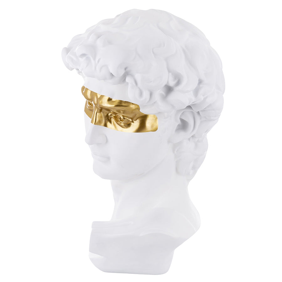 Aranyszínű maszkkal kontrasztozott, nagy méretű, fehér színű Dávid fej mellszobor.
