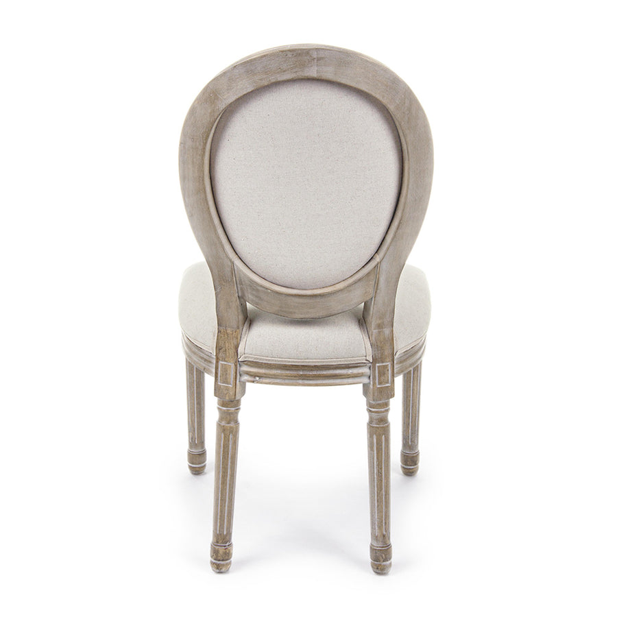 Fehér pigmentes olajjal kezelt, tömör nyírfából készült, ekrüszínű pamutvászonnal kárpitozott szék.