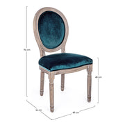 Párizsi kék színű, bársony hatású szövettel kárpitozott étkezőszék.