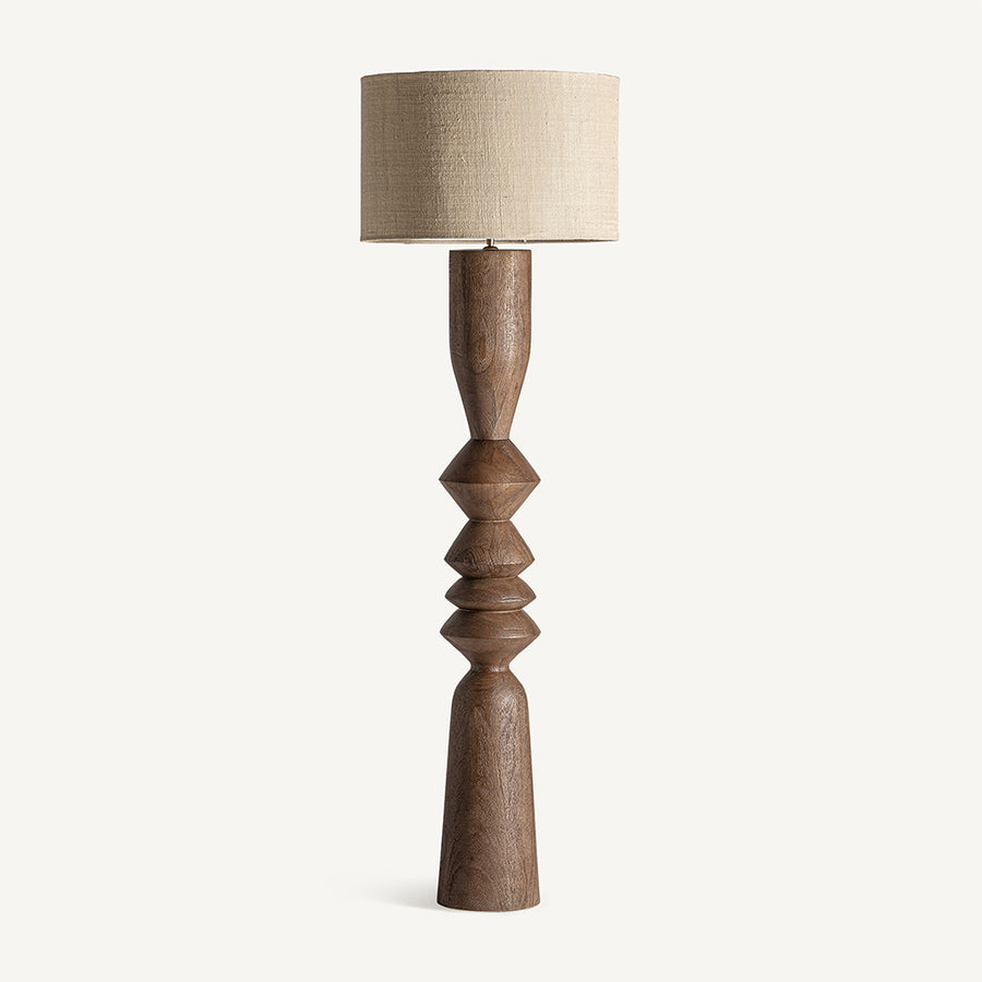 Barna színű design állólámpa, krém színű juta lámpaernyővel.