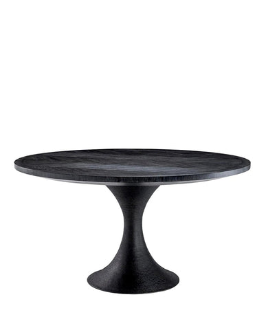 Faszénfekete színű tölgyfurnérból és szálcsiszolt sötétbronz felületű rozsdamentes acélból készült, kerek formájú design étkezőasztal.