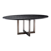 Faszénfekete színű tölgyfurnérból és bronz felületű rozsdamentes acélból készült, ovális formájú design étkezőasztal.