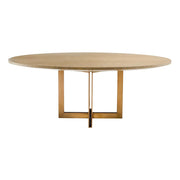 Natúrszínű tölgyfurnérból és sárgaréz felületű rozsdamentes acélból készült, ovális formájú design étkezőasztal.