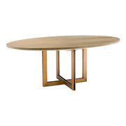 Natúrszínű tölgyfurnérból és sárgaréz felületű rozsdamentes acélból készült, ovális formájú design étkezőasztal.