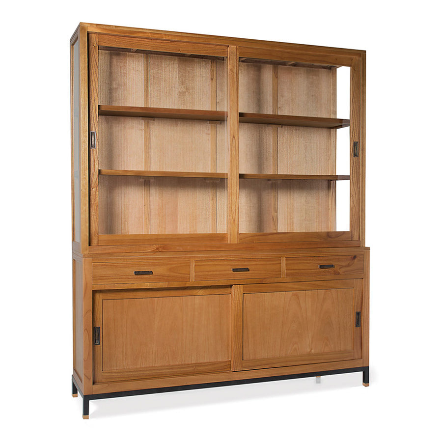 Tömör mindifából készült, modern, loft stílusú kézműves vitrines szekrény.