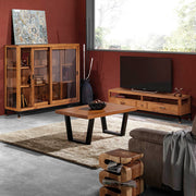 Tömör mindifából készült, modern, loft stílusú kézműves vitrines szekrény.