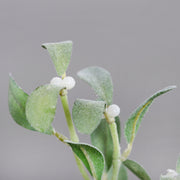 Részletfotó mű fagyöngy ágról fehér bogyókkal és zöld levelekkel, deres felületi hatással.