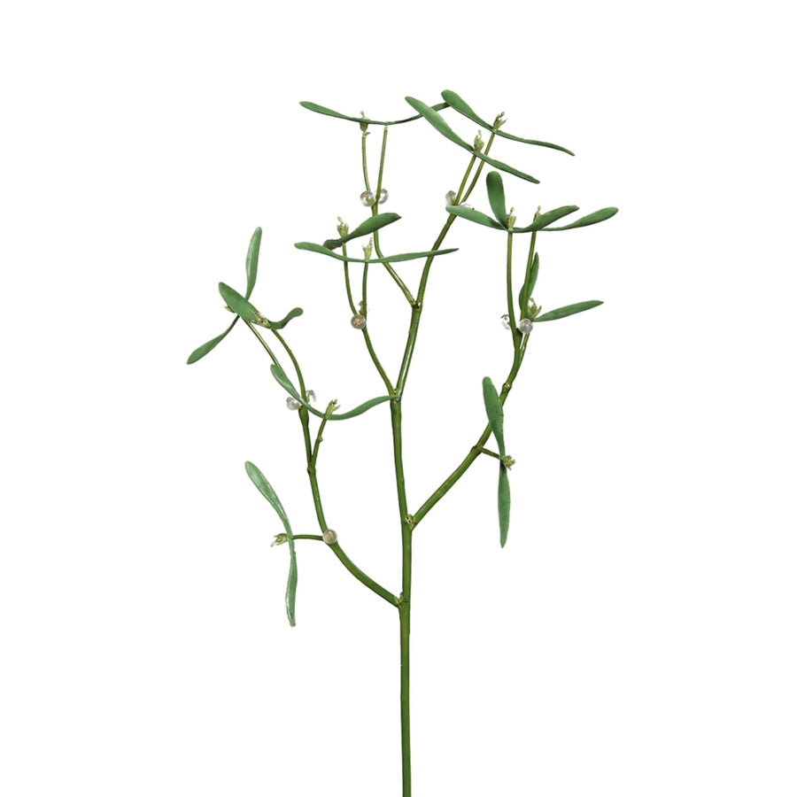 Zöld mű fagyöngy ág fehér bogyókkal, 60 cm magas dekoráció a Mistletoe kollekcióból.