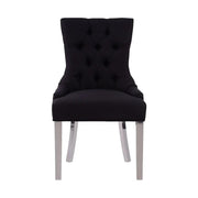 Ezüstszínű, rozsdamentes acéllábbakon álló, fekete színű poliészter vászonnal kárpitozott dizájn étkezőszék.