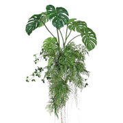 Monstera zöld függeszthető mű könnyezőpálma dekoráció nagy, szeldelt levelekkel, leomló páfránylombbal és finom csüngő hajtásokkal, 100 cm.