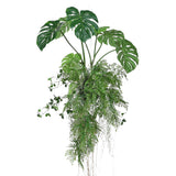 Monstera zöld függeszthető mű könnyezőpálma dekoráció nagy, szeldelt levelekkel, leomló páfránylombbal és finom csüngő hajtásokkal, 100 cm.