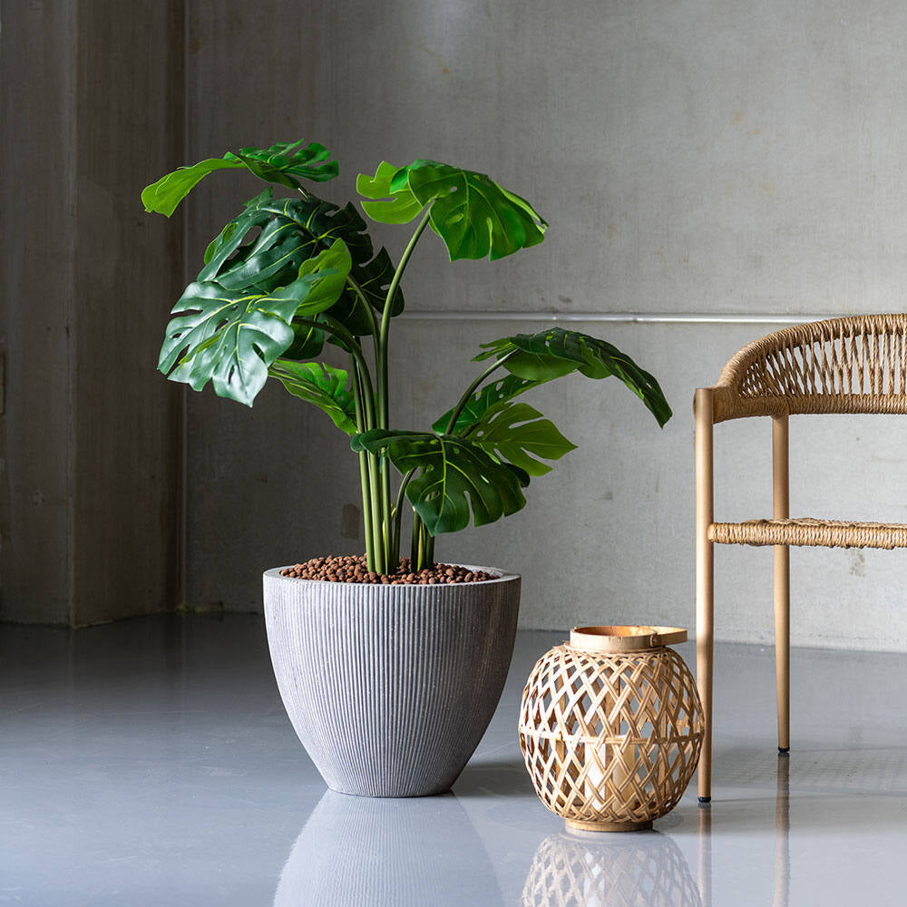 120 cm magas mű Monstera dekoratív kaspóban modern nappali enteriőrben