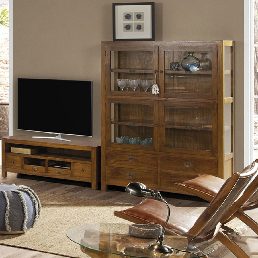 Loft stílusú, mindifából készült kézműves vitrines tárolószekrény