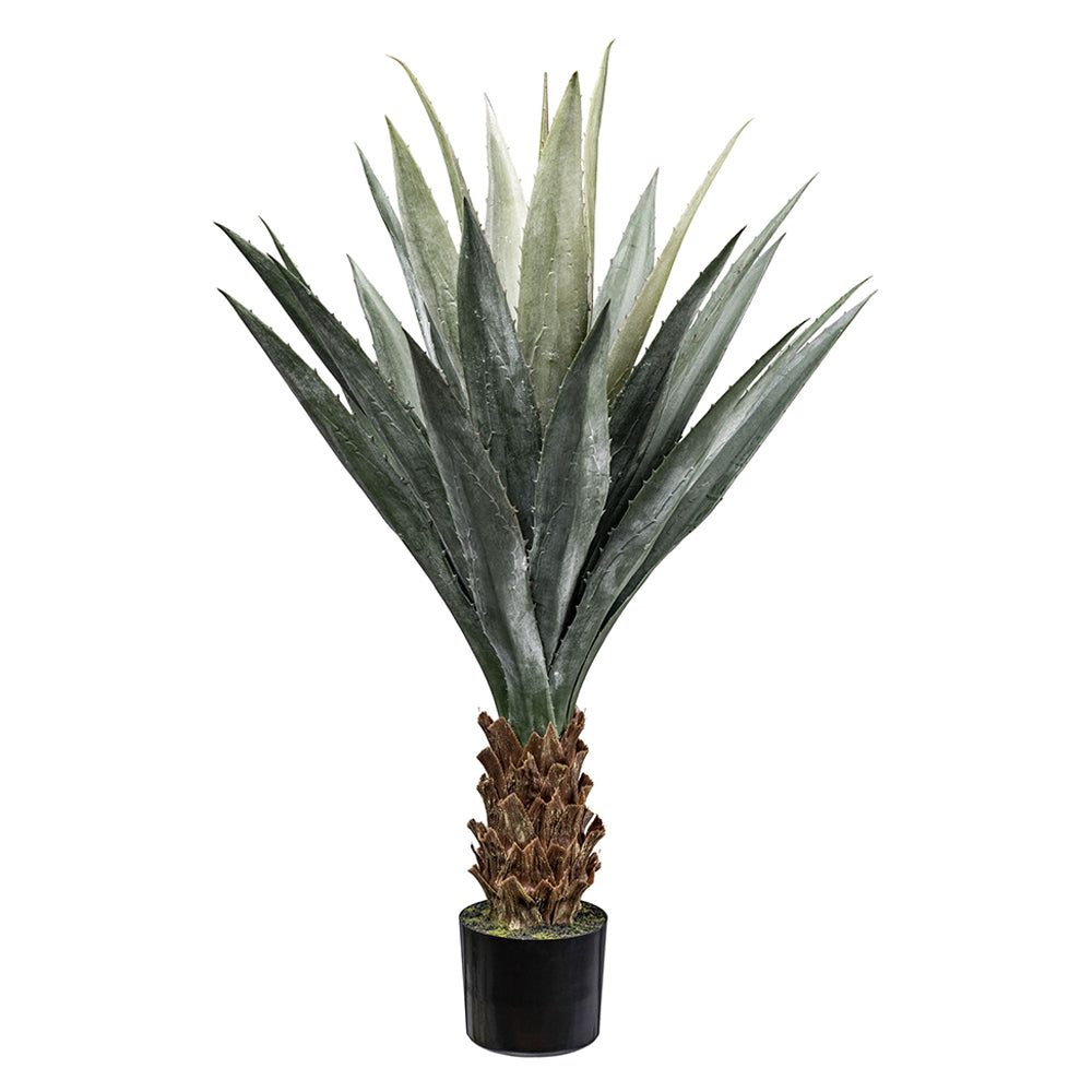 Zöld színű levelű, agave műnövény, fekete műanyagkaspóban.